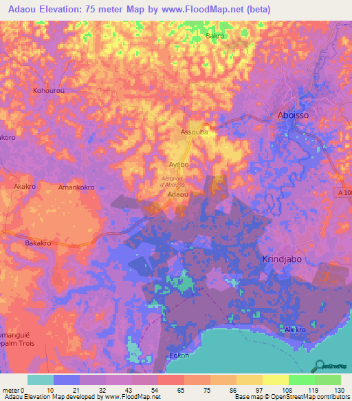 Adaou,Ivory Coast Elevation Map
