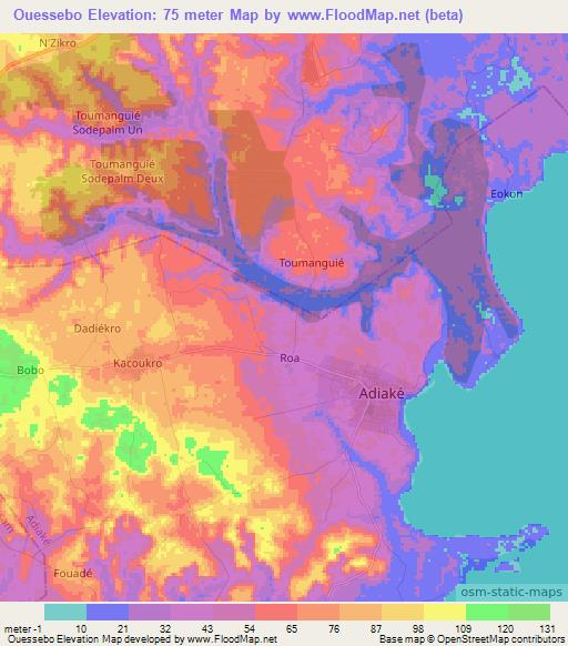 Ouessebo,Ivory Coast Elevation Map