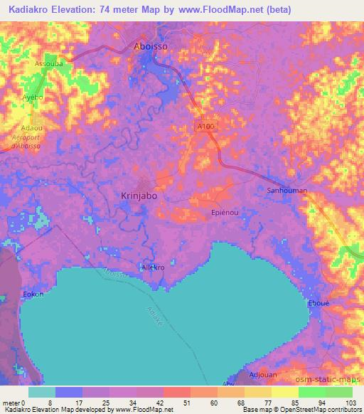 Kadiakro,Ivory Coast Elevation Map