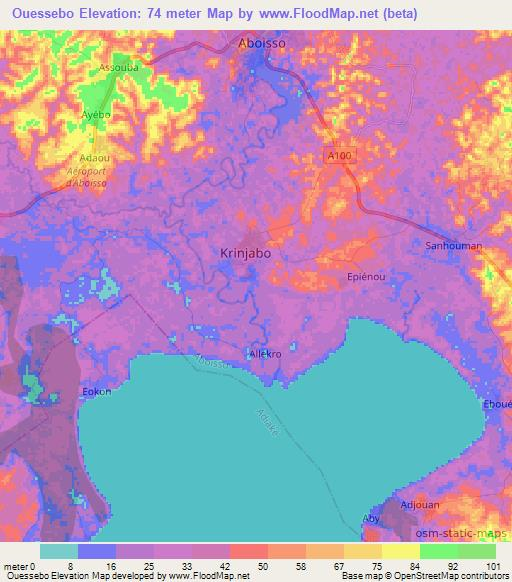 Ouessebo,Ivory Coast Elevation Map