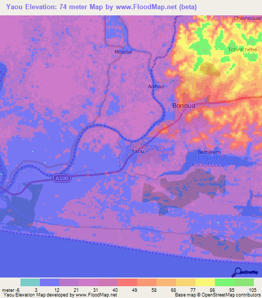Yaou,Ivory Coast Elevation Map