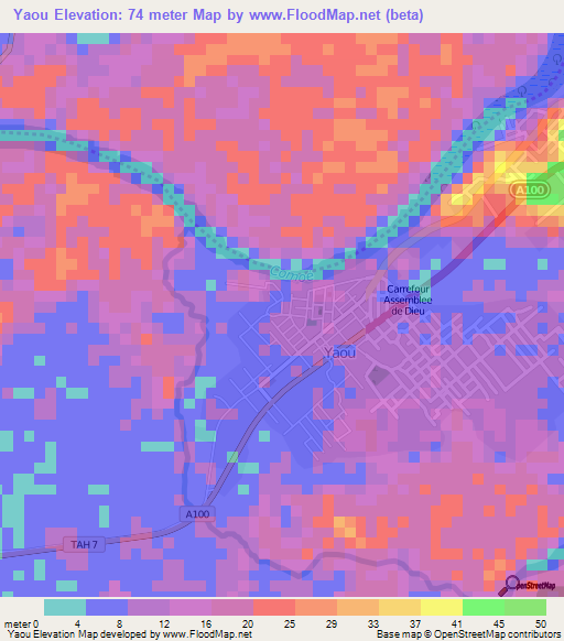 Yaou,Ivory Coast Elevation Map