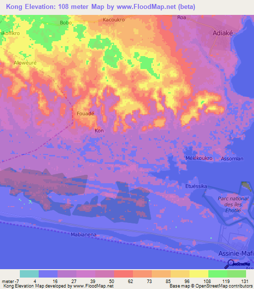 Kong,Ivory Coast Elevation Map