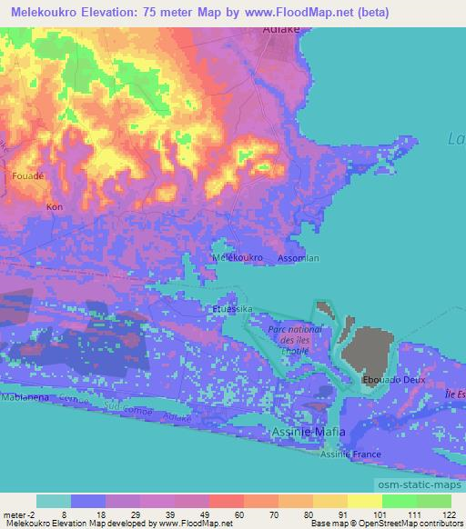 Melekoukro,Ivory Coast Elevation Map