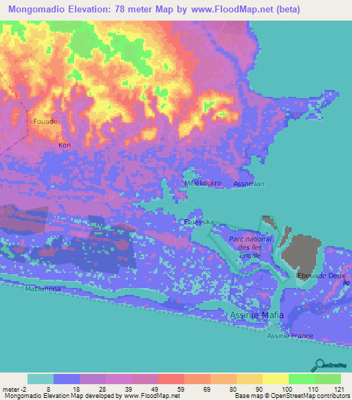 Mongomadio,Ivory Coast Elevation Map