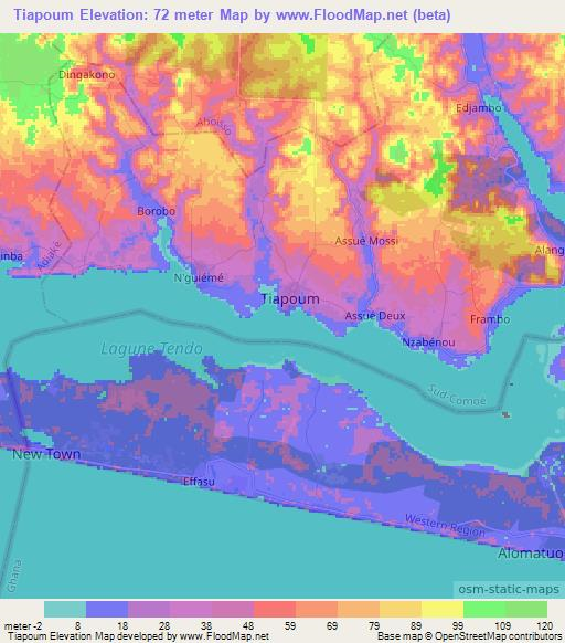 Tiapoum,Ivory Coast Elevation Map