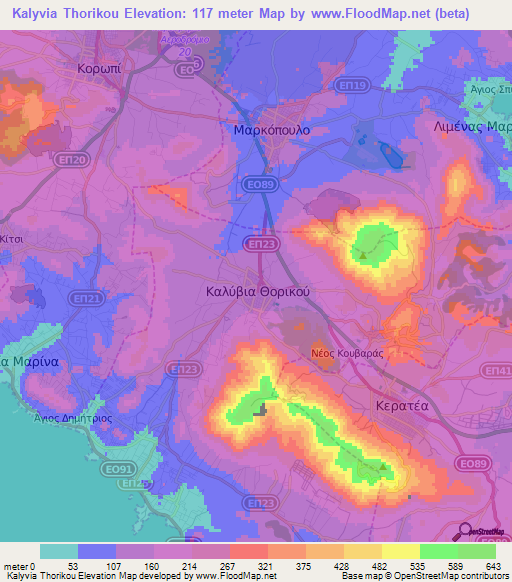 Kalyvia Thorikou,Greece Elevation Map