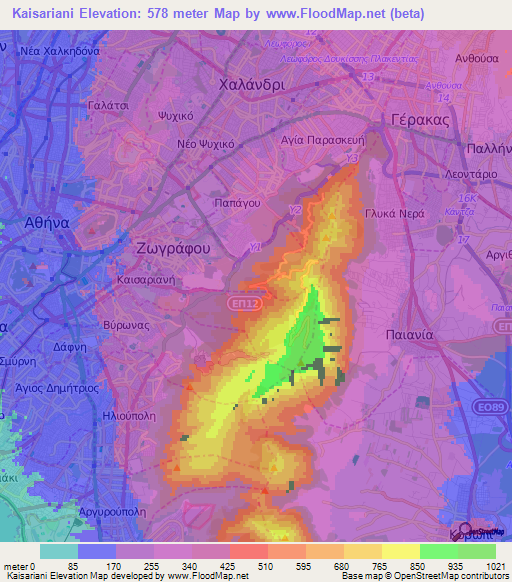 Kaisariani,Greece Elevation Map