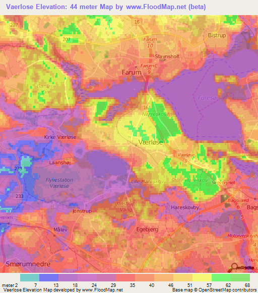 Vaerlose,Denmark Elevation Map
