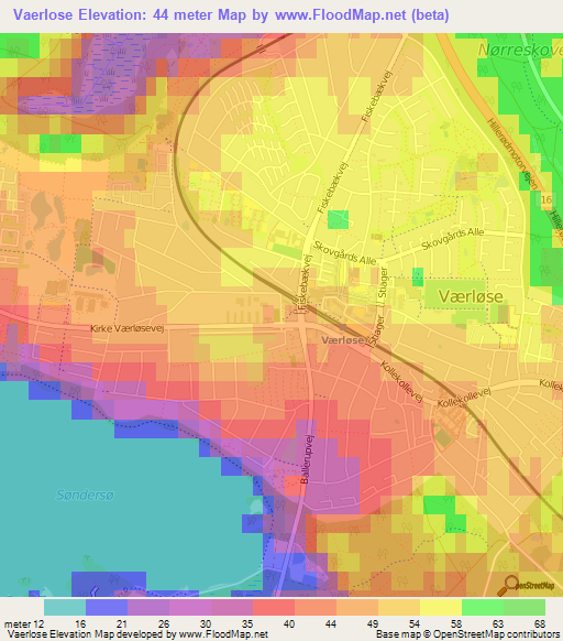Vaerlose,Denmark Elevation Map