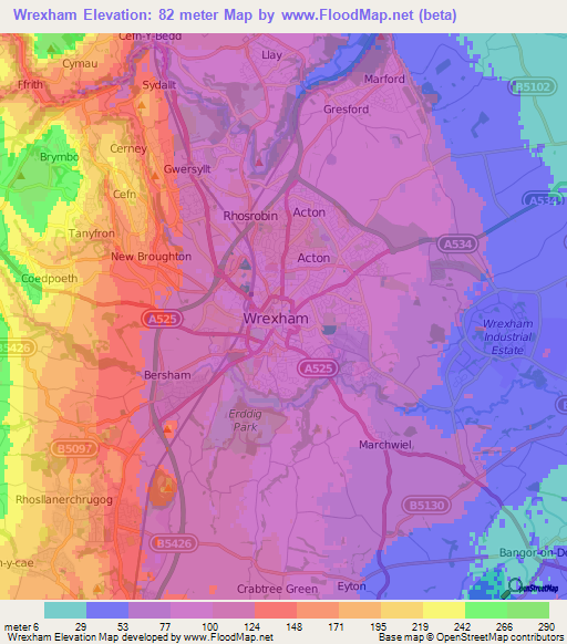 Wrexham,UK Elevation Map