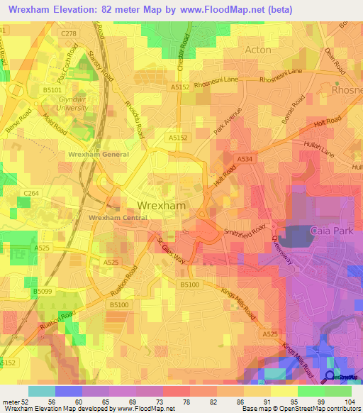 Wrexham,UK Elevation Map
