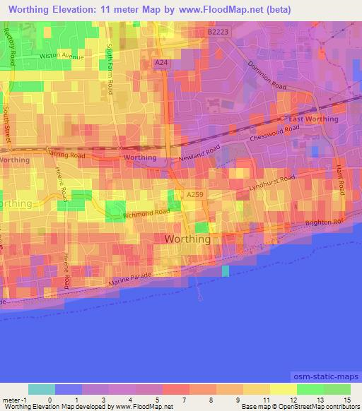 Worthing,UK Elevation Map