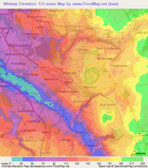 Wishaw,UK Elevation Map