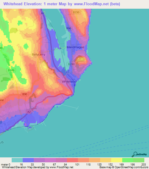 Whitehead,UK Elevation Map