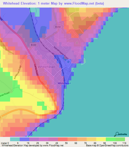 Whitehead,UK Elevation Map