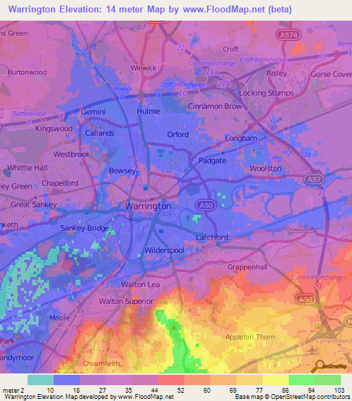 Warrington,UK Elevation Map