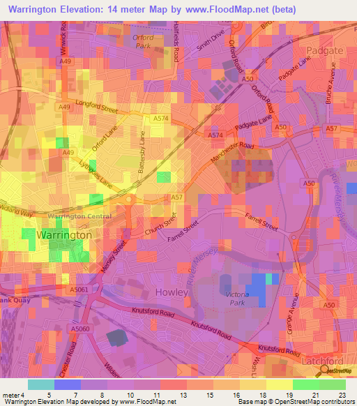 Warrington,UK Elevation Map