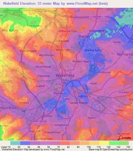 Wakefield,UK Elevation Map