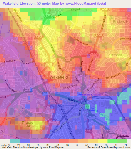 Wakefield,UK Elevation Map