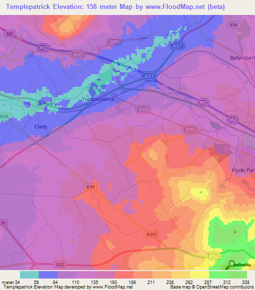 Templepatrick,UK Elevation Map