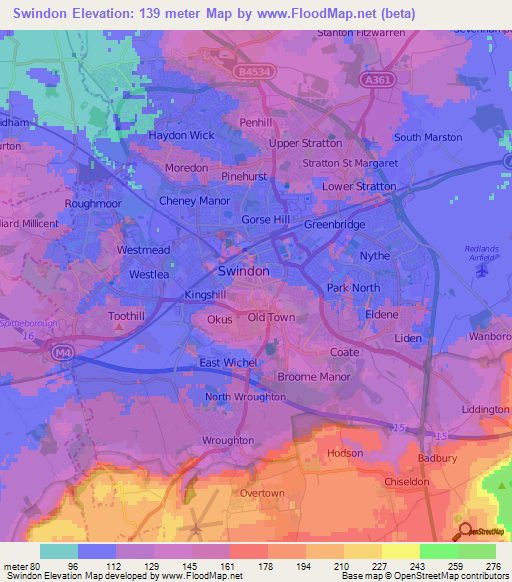 Swindon,UK Elevation Map