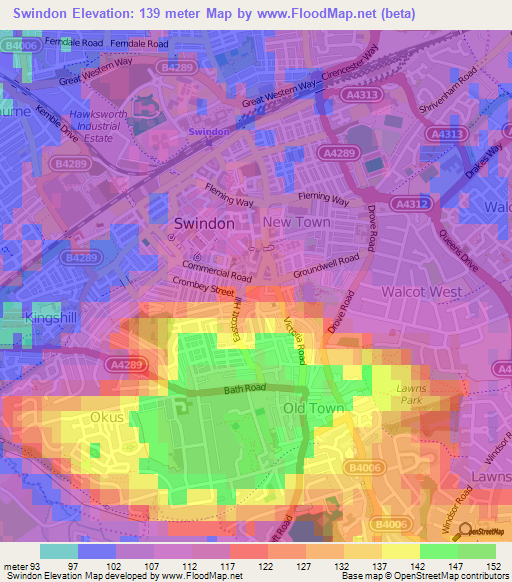 Swindon,UK Elevation Map