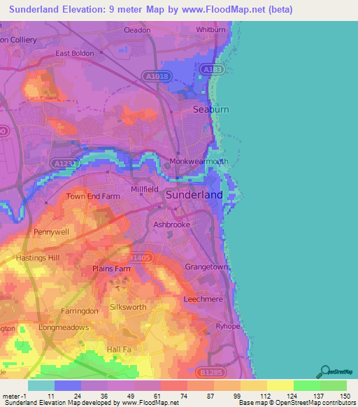 Sunderland,UK Elevation Map