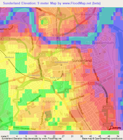 Sunderland,UK Elevation Map