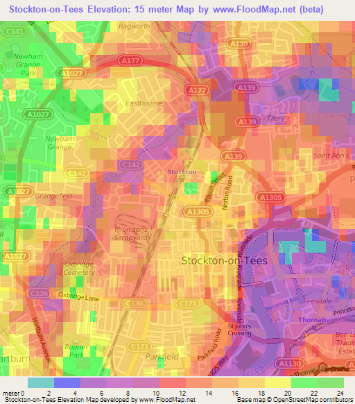 Stockton-on-Tees,UK Elevation Map