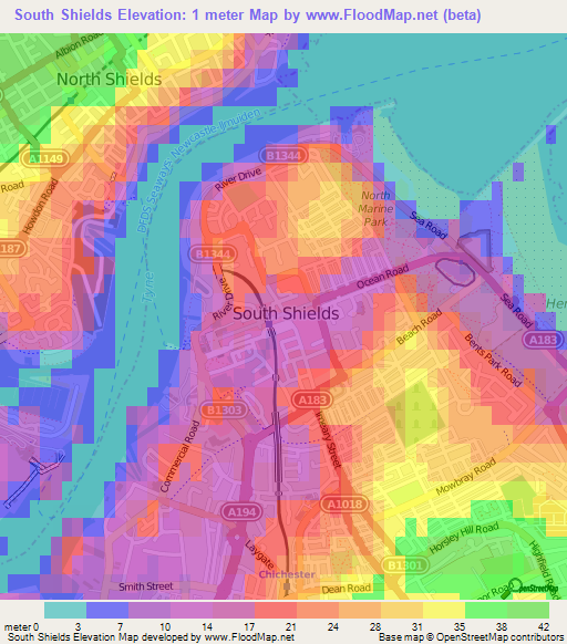 South Shields,UK Elevation Map