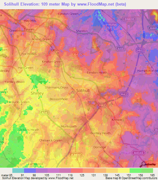 Solihull,UK Elevation Map