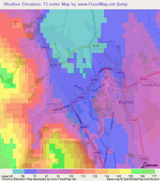 Rhuthun,UK Elevation Map