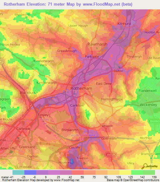 Rotherham,UK Elevation Map