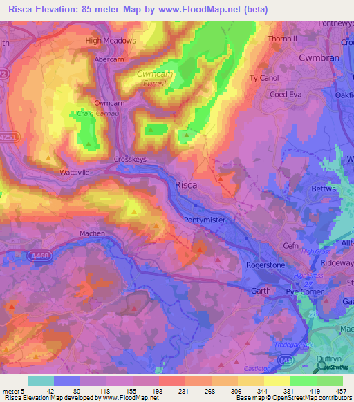 Risca,UK Elevation Map