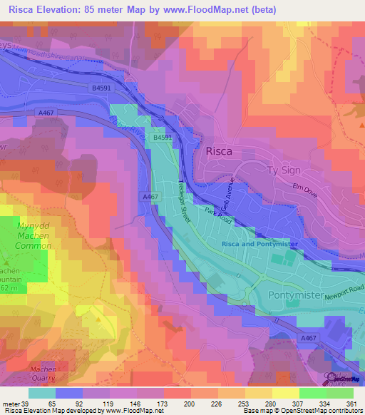 Risca,UK Elevation Map