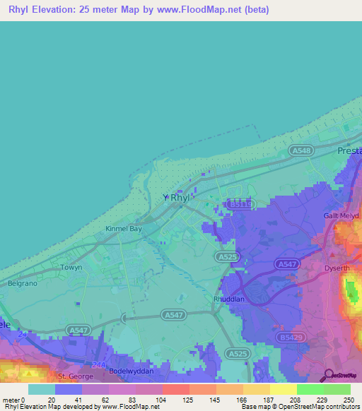 Rhyl,UK Elevation Map