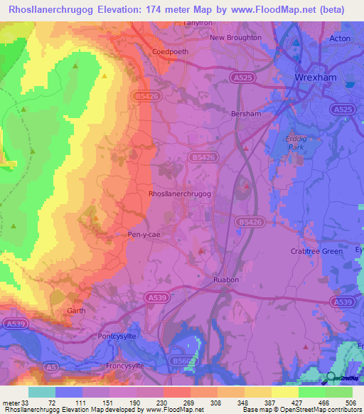 Rhosllanerchrugog,UK Elevation Map