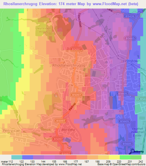 Rhosllanerchrugog,UK Elevation Map