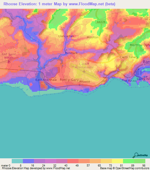 Rhoose,UK Elevation Map