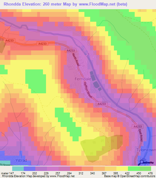 Rhondda,UK Elevation Map