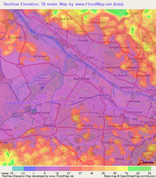 Renfrew,UK Elevation Map