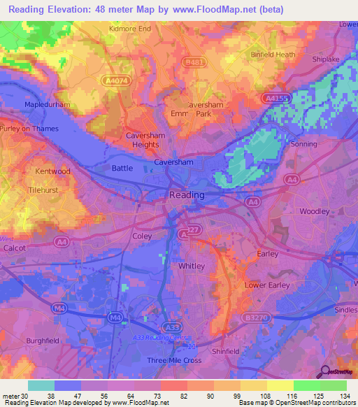 Reading,UK Elevation Map