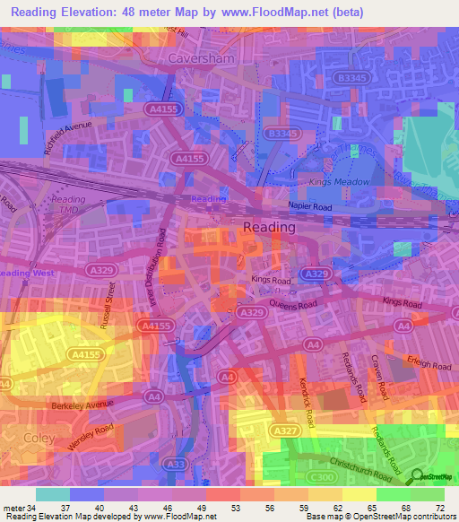 Reading,UK Elevation Map