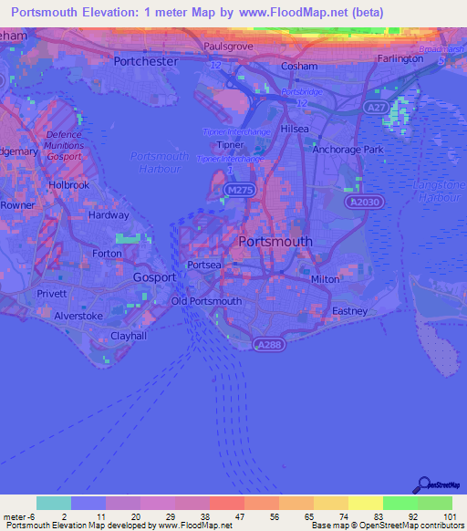 Portsmouth,UK Elevation Map