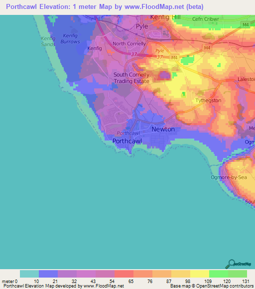 Porthcawl,UK Elevation Map