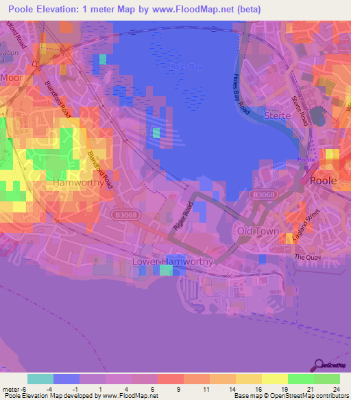 Poole,UK Elevation Map