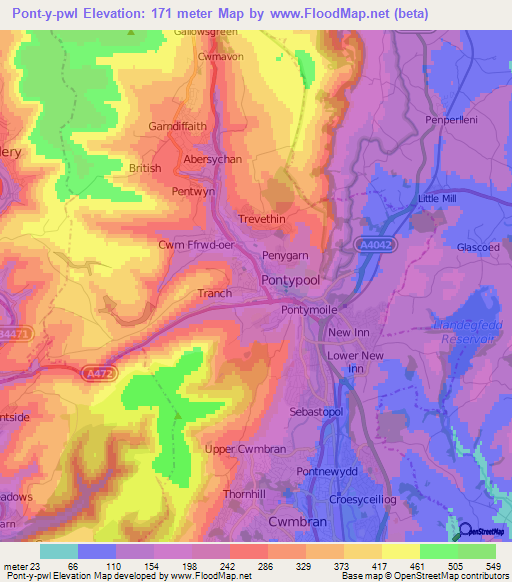 Pont-y-pwl,UK Elevation Map