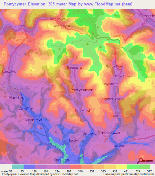Pontycymer,UK Elevation Map