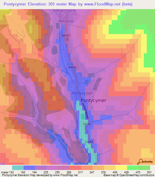 Pontycymer,UK Elevation Map